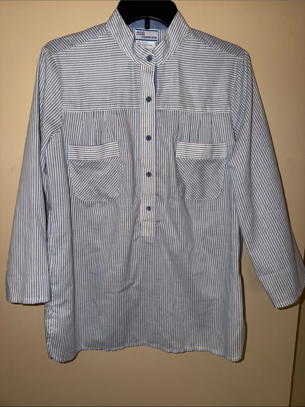 Vintage Avon Blue and White Striped Popover Button 3/4 Length Sleeve Shirt